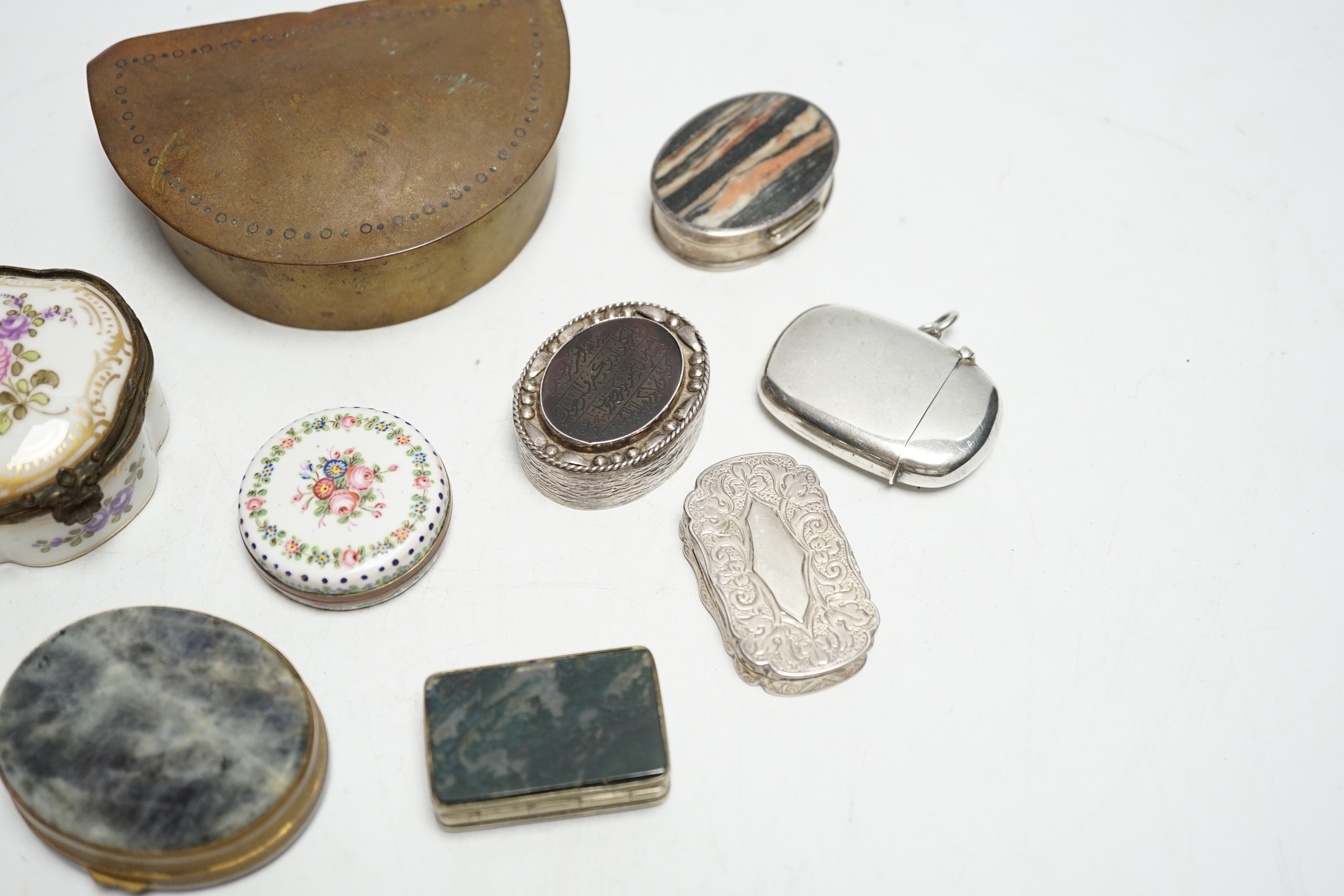 Nine assorted 19th century and later boxes, including painted porcelain, hardstone set, copper, moss agate set, a silver vesta case and silver vinaigrette (lacking grille).